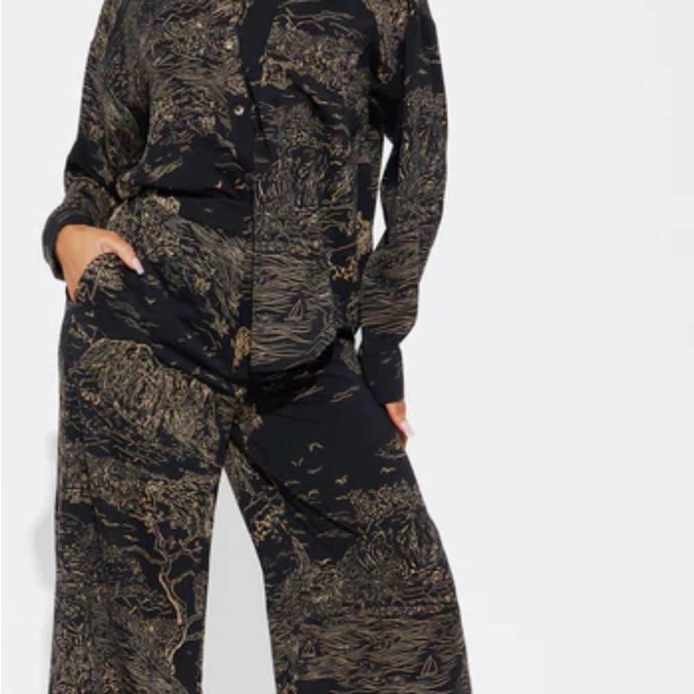NWT Zara Black and Tan Women's Wide Leg two piece shirt and pants set